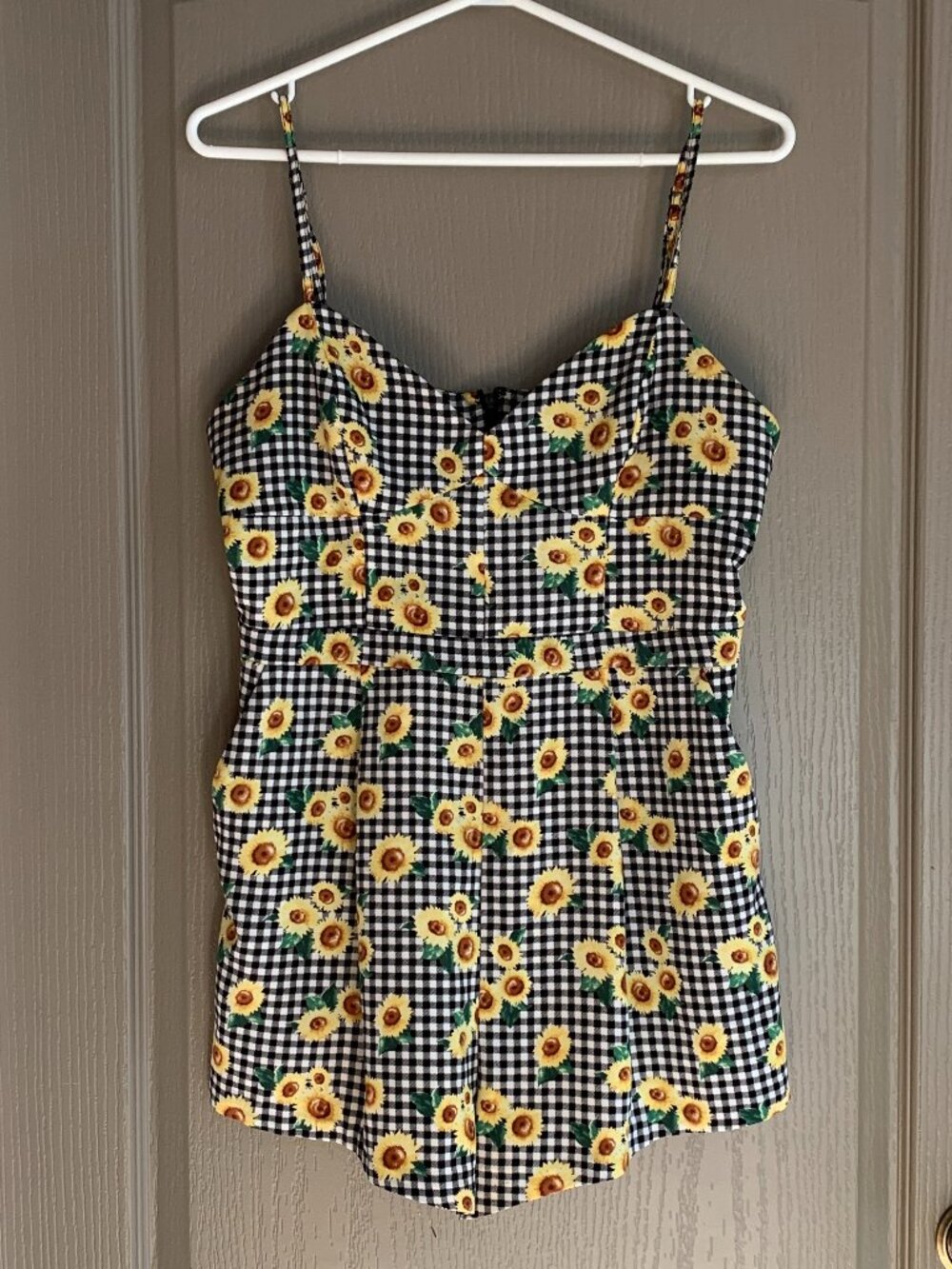 Forever 21 Sunflower Gingham Romper Size L Black White Y2K Cottagecore Festival